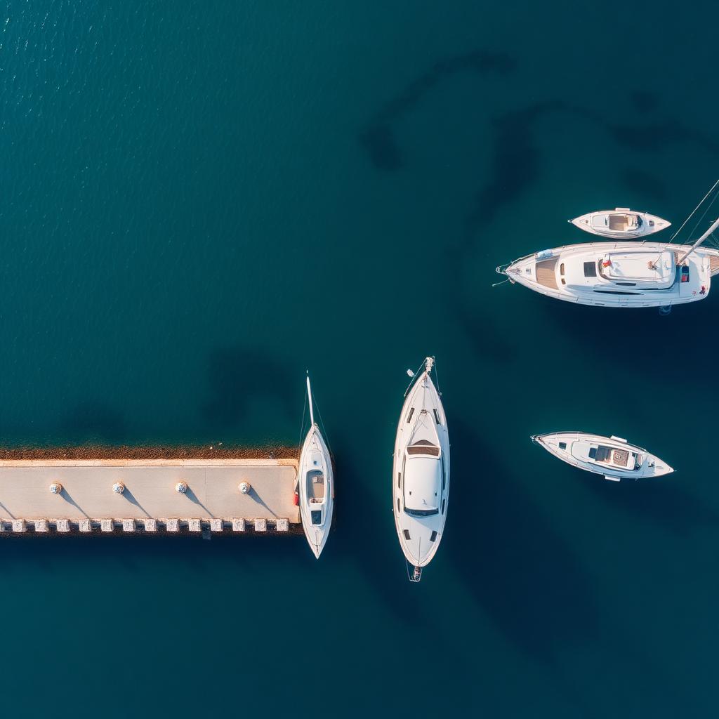 Aerial view of Greek island harbor with moored sailboats in turquoise waters